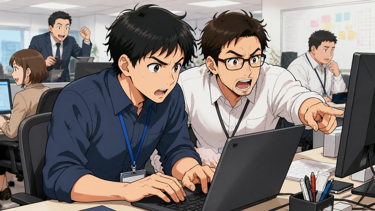 DITがSES型と判断できる根拠・東京23区のSIerオフィスで顧客と並んで作業する男性エンジニア2名