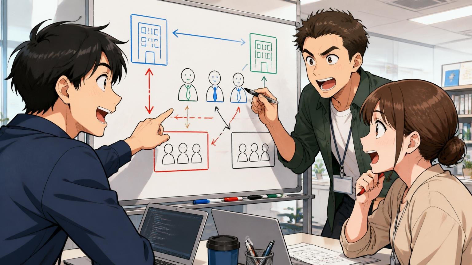 SESと客先常駐の仕組みを解説。SIerの開発現場で、男性社員2人と女性社員1人が席を並べて共用ホワイトボードに契約形態の図を描いて議論している