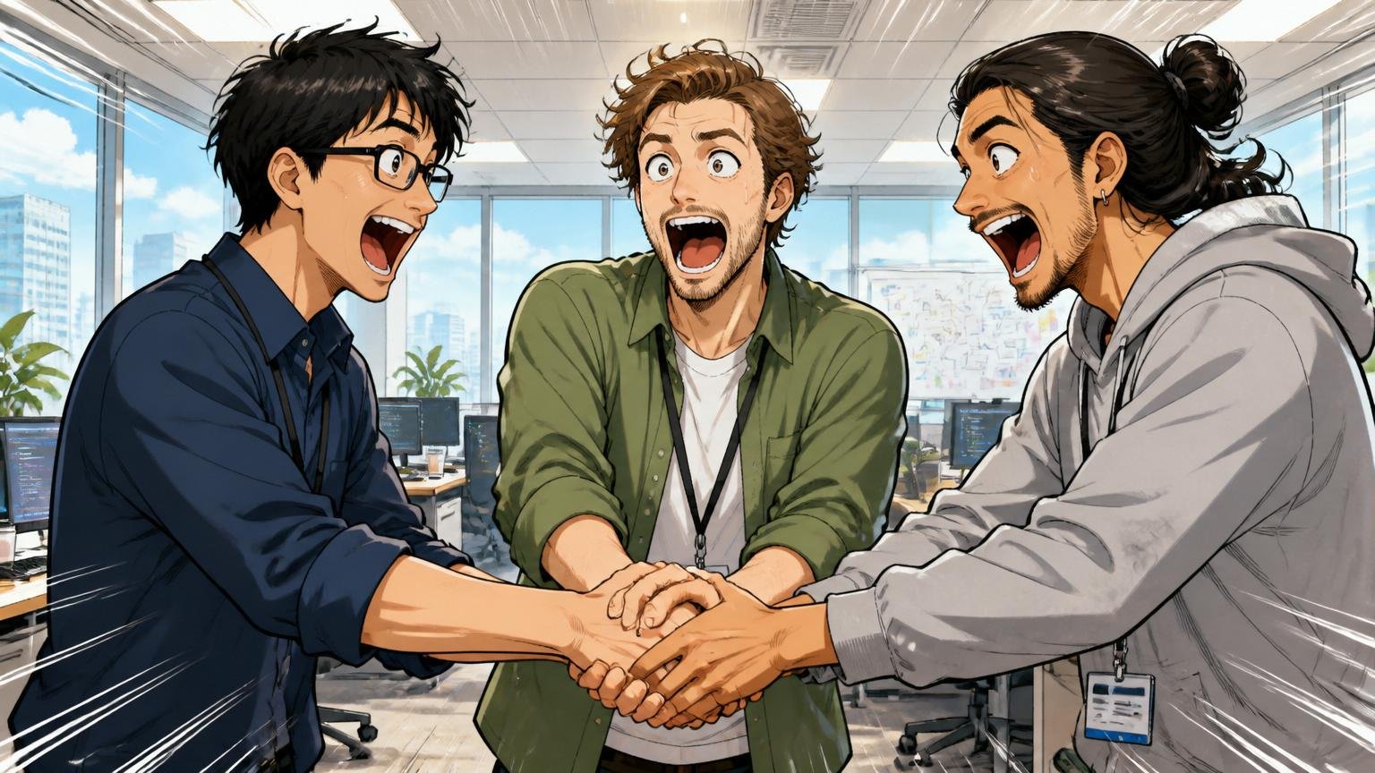 すごい意味でやばい説 グローバル企業オフィスで成功に驚くエンジニア3人が握手
