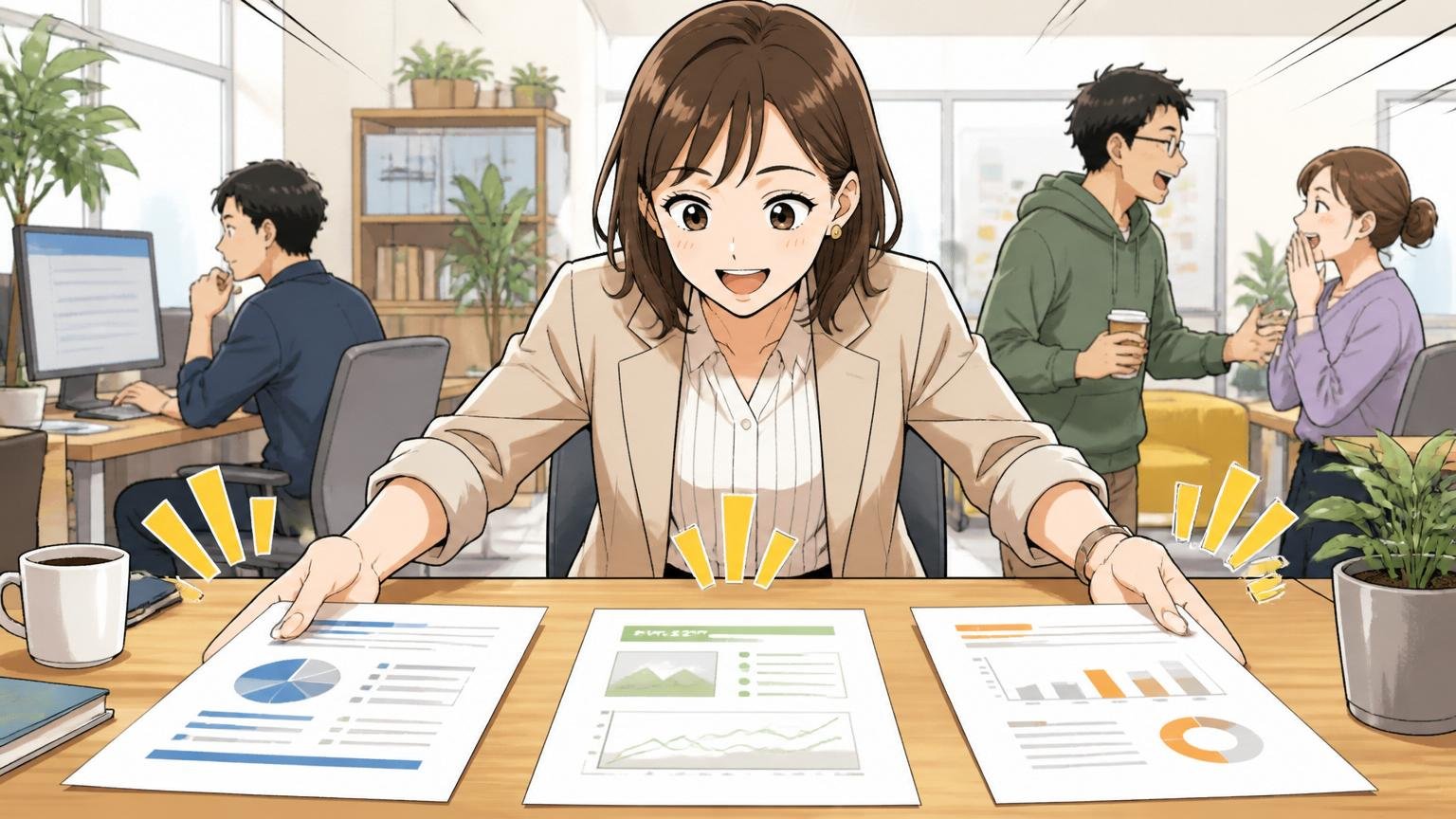 この記事で得られる3つの判断材料。Web系スタートアップのオフィスで30代女性が資料を3枚並べて整理する表情