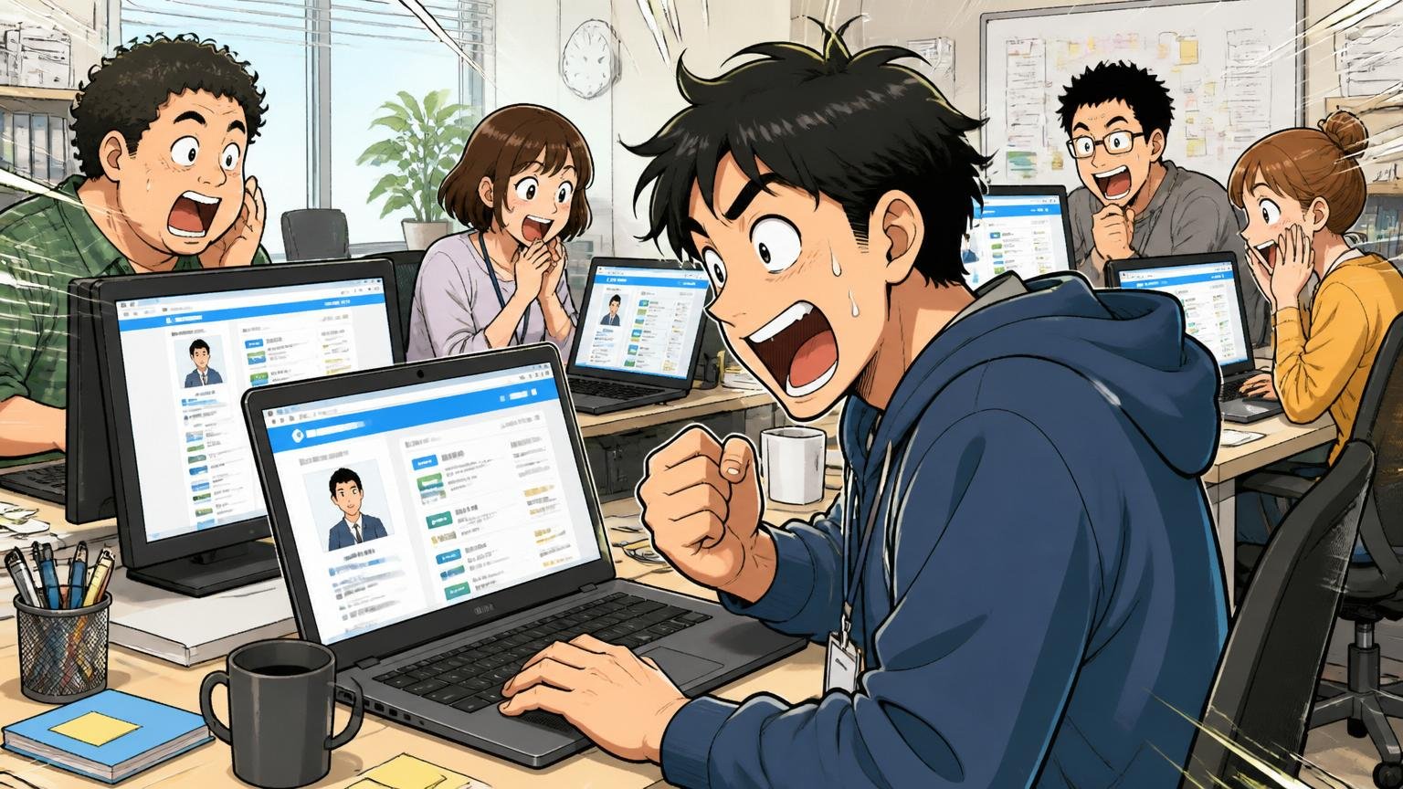 企業のオフィスで複数のエンジニアがPCで転職サイトを開いている