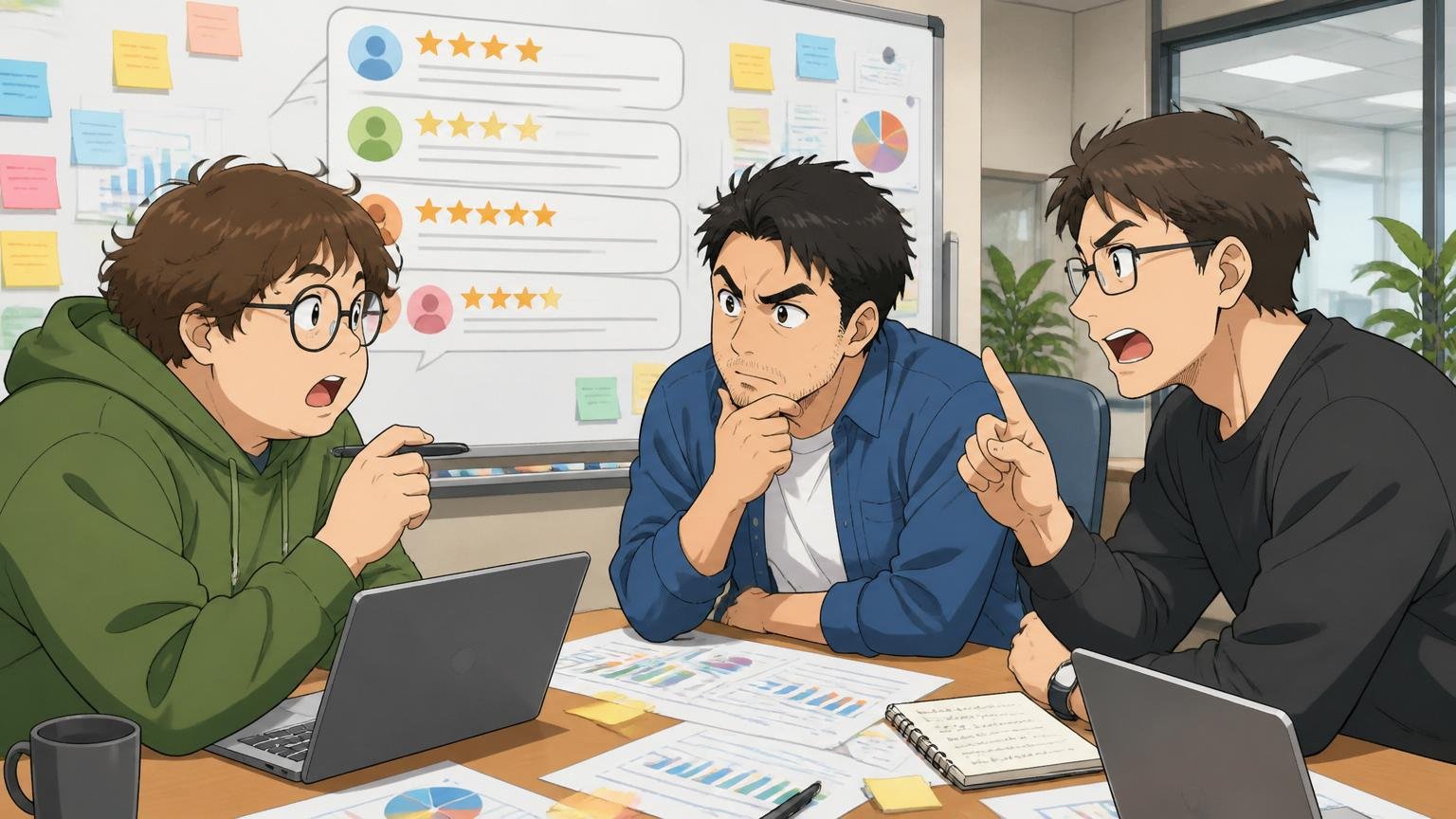 企業のオフィスで、エンジニア3人が会議室の机に座って真剣な表情で口コミレビューを話し合う