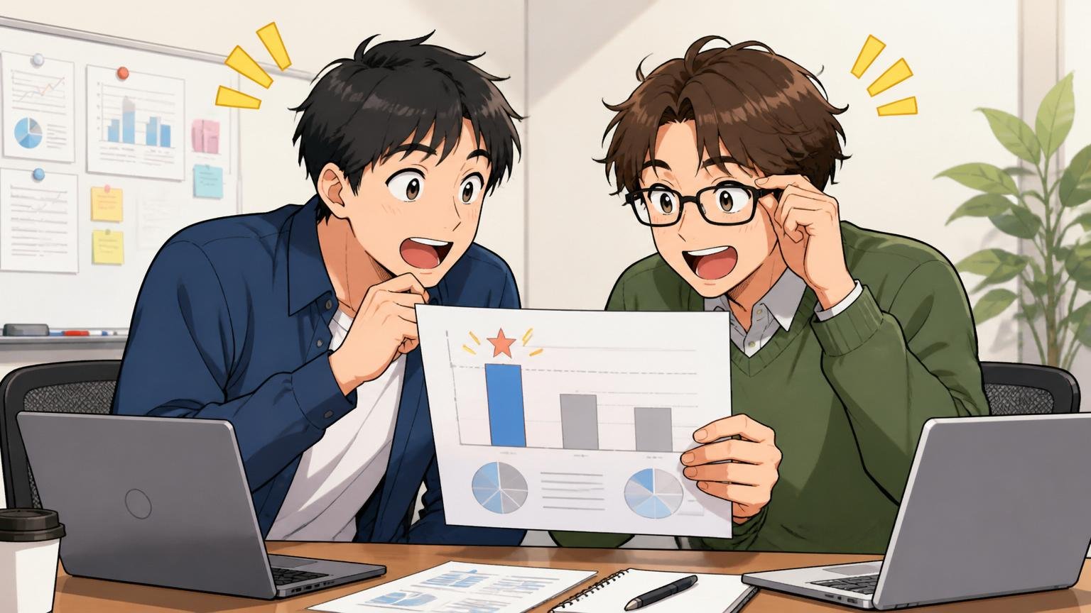 日本企業全体・IT平均と比べると実は高い位置にあると気づく場面、企業の会議室でエンジニア2人が業界平均の資料を見て表情がやわらぐ