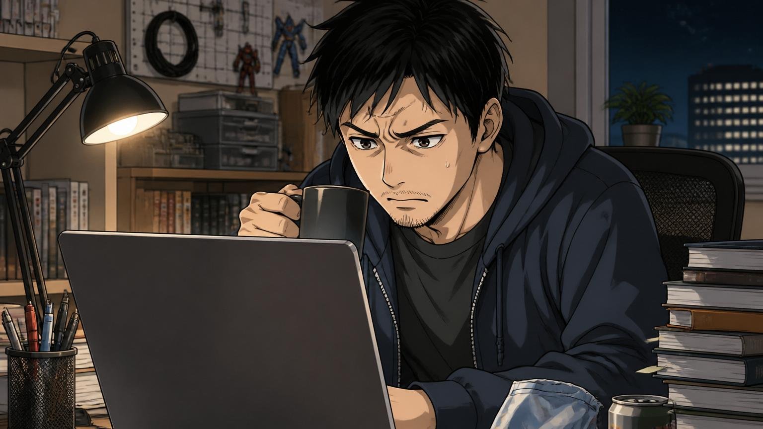 自宅のデスクで深夜にノートPCの検索画面を見つめる30代男性エンジニア、眉間に皺、コーヒー片手