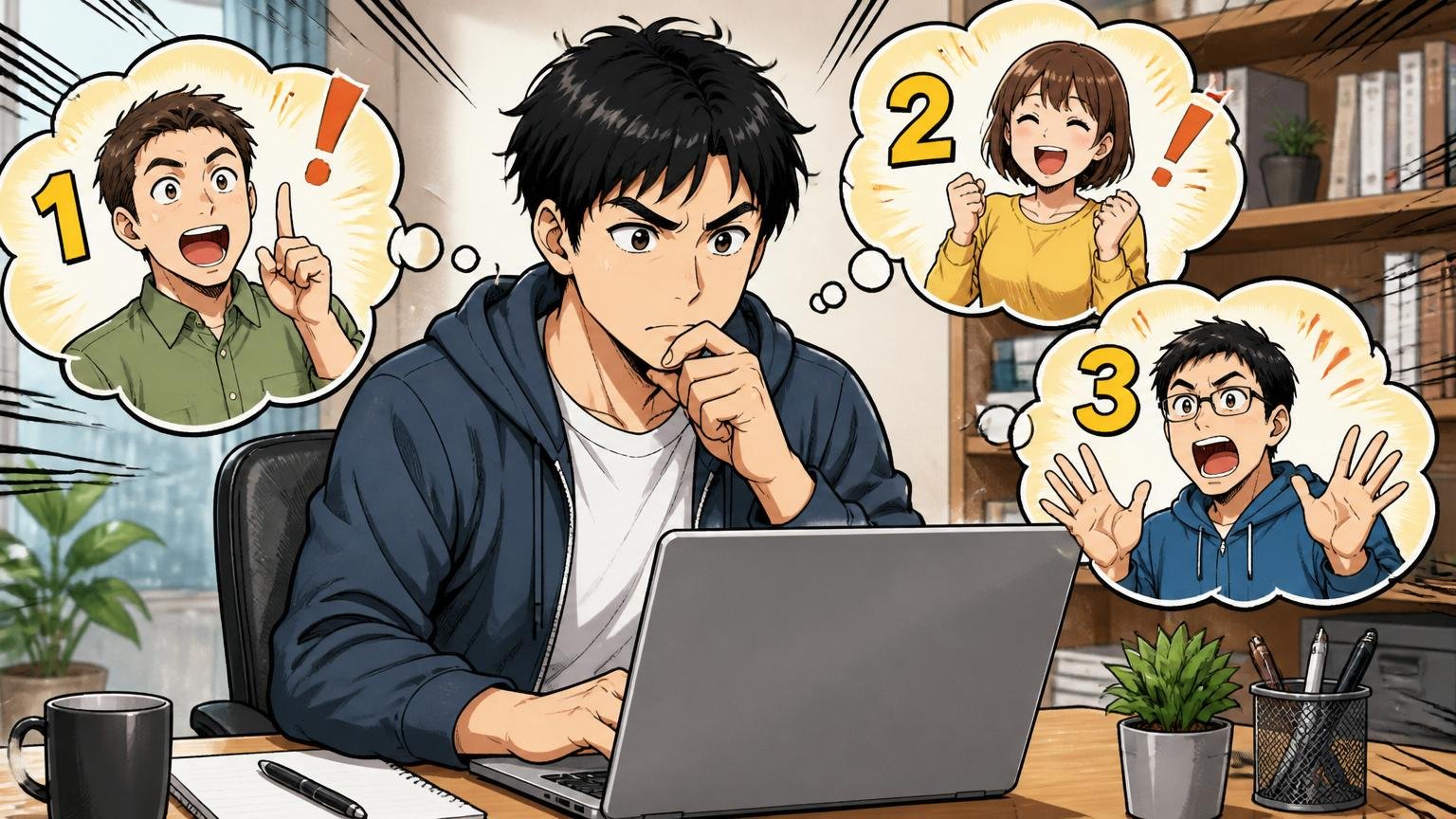 この記事で得られる3つの答え 自宅のデスクでノートPCを開く30代男性エンジニア真剣な表情