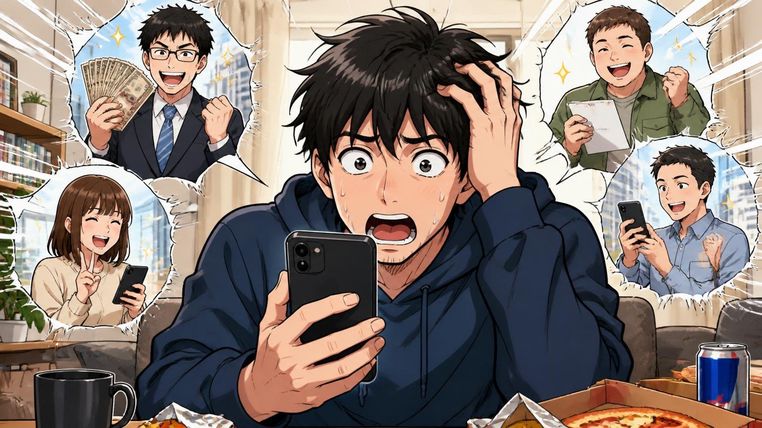 SNSで同期と年収を比較、自宅で20代エンジニア、スマホを見て焦る表情