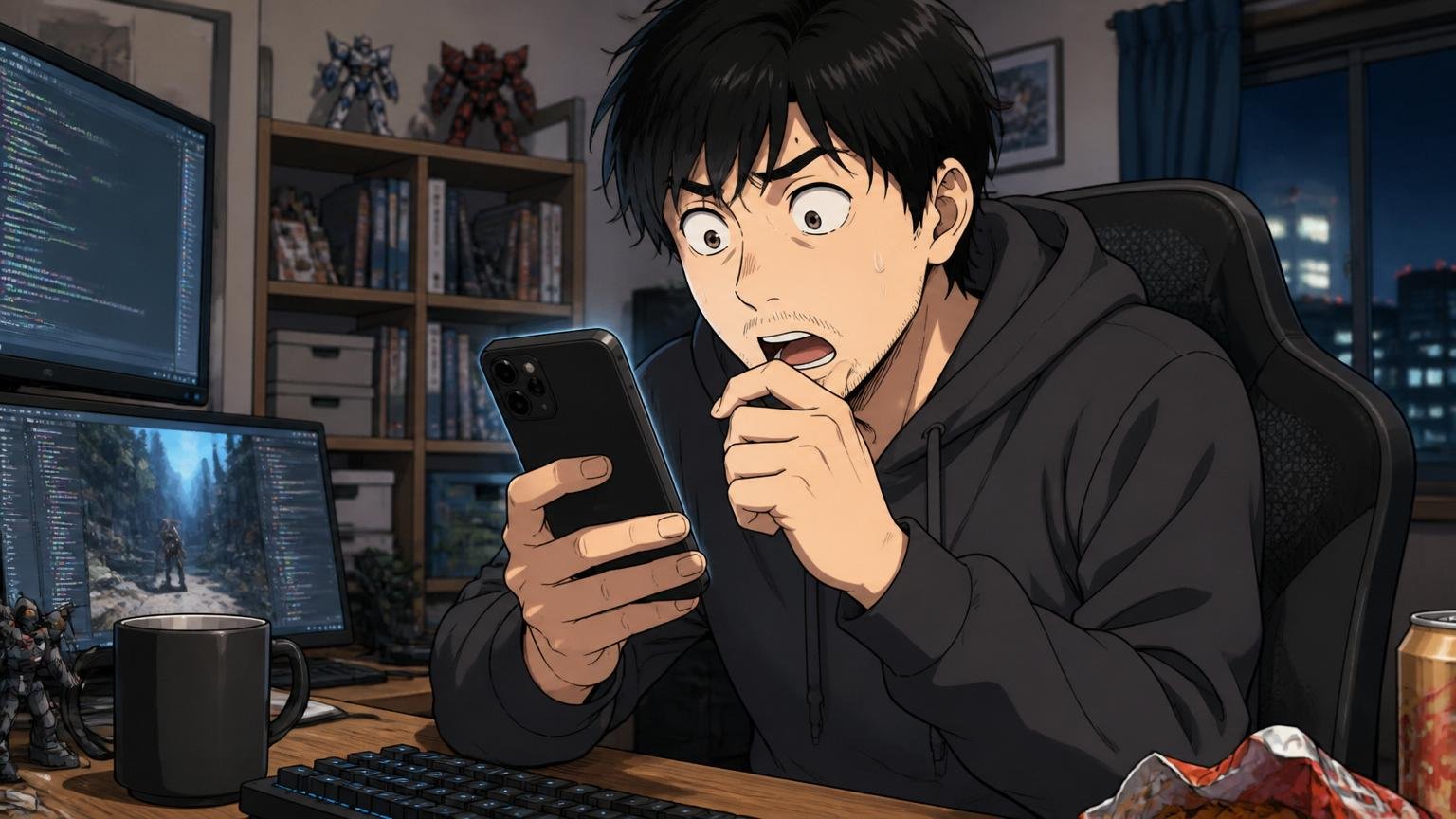 深夜の自宅のデスクでスマホで年収について検索する30代前半のゲーム開発エンジニア1人