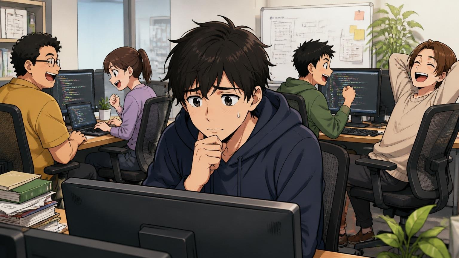 「低さは額面ではなくギャップ」IT企業のオフィスで自分と周囲を見比べ不安げな表情の男性エンジニア1人