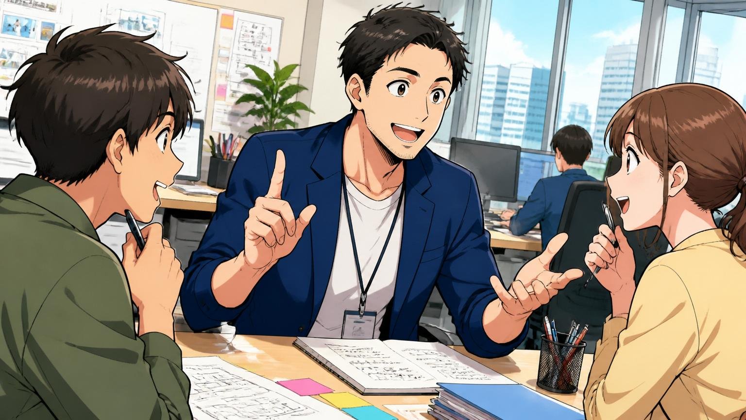 残るも動くも自分で選べる状態を目指す。広告代理店の窓際で先輩社員が後輩2人にキャリアを語る、前向きな表情