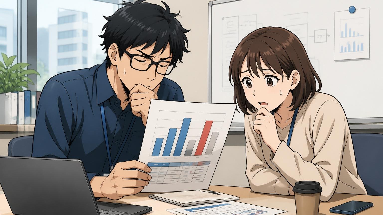 大手SIerと比べると見劣りする。IT企業の会議室で男女のエンジニアが他社年収資料を見て複雑な表情