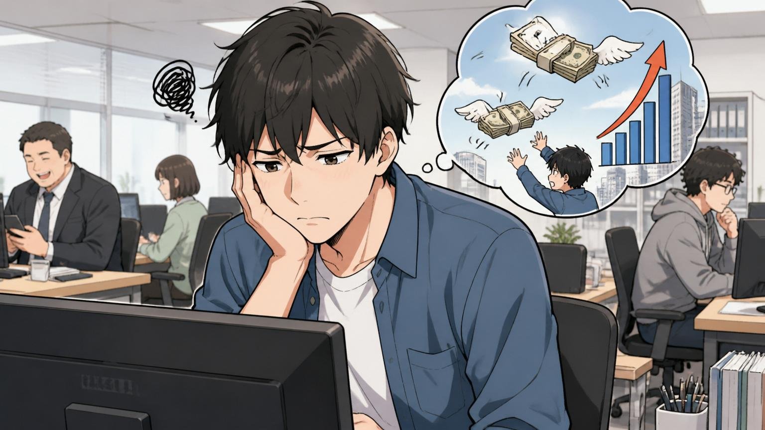 それでも年収が低いと感じる理由。IT企業のオフィスで20代男性社員1人がPC画面を見て浮かない顔で悩む