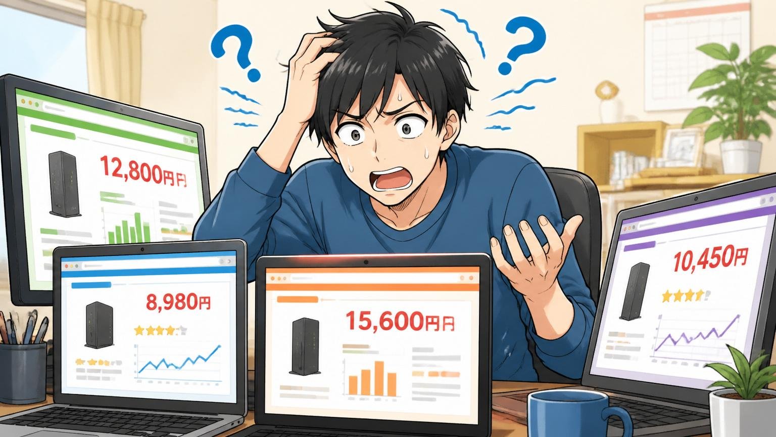ネットの数字がバラつくのはなぜか。自宅のデスクで男性が複数のサイトを見比べて困惑する表情