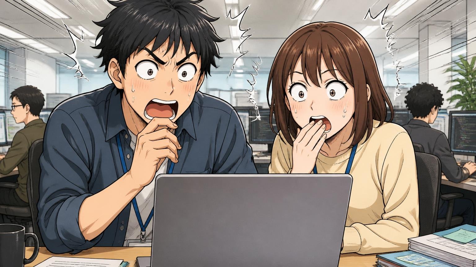 口コミに並ぶ基本給が低いという声。SIerの開発現場でノートPCの口コミ画面を見る男女が驚く
