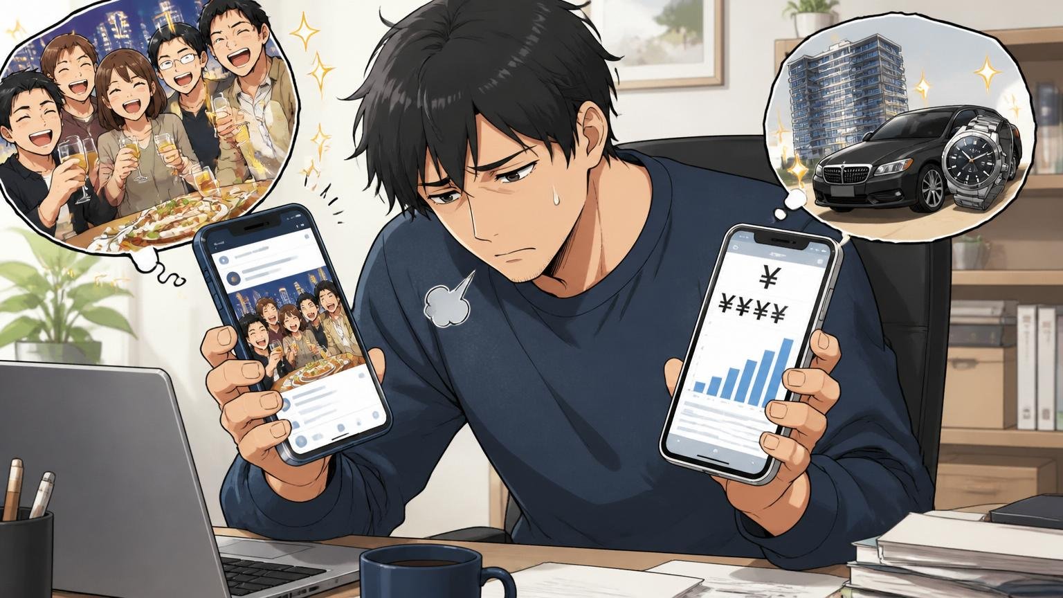 自宅のデスクで同年代の友人のSNS投稿とスマホで年収を見比べ、ため息をついて肩を落とす30代のエンジニア