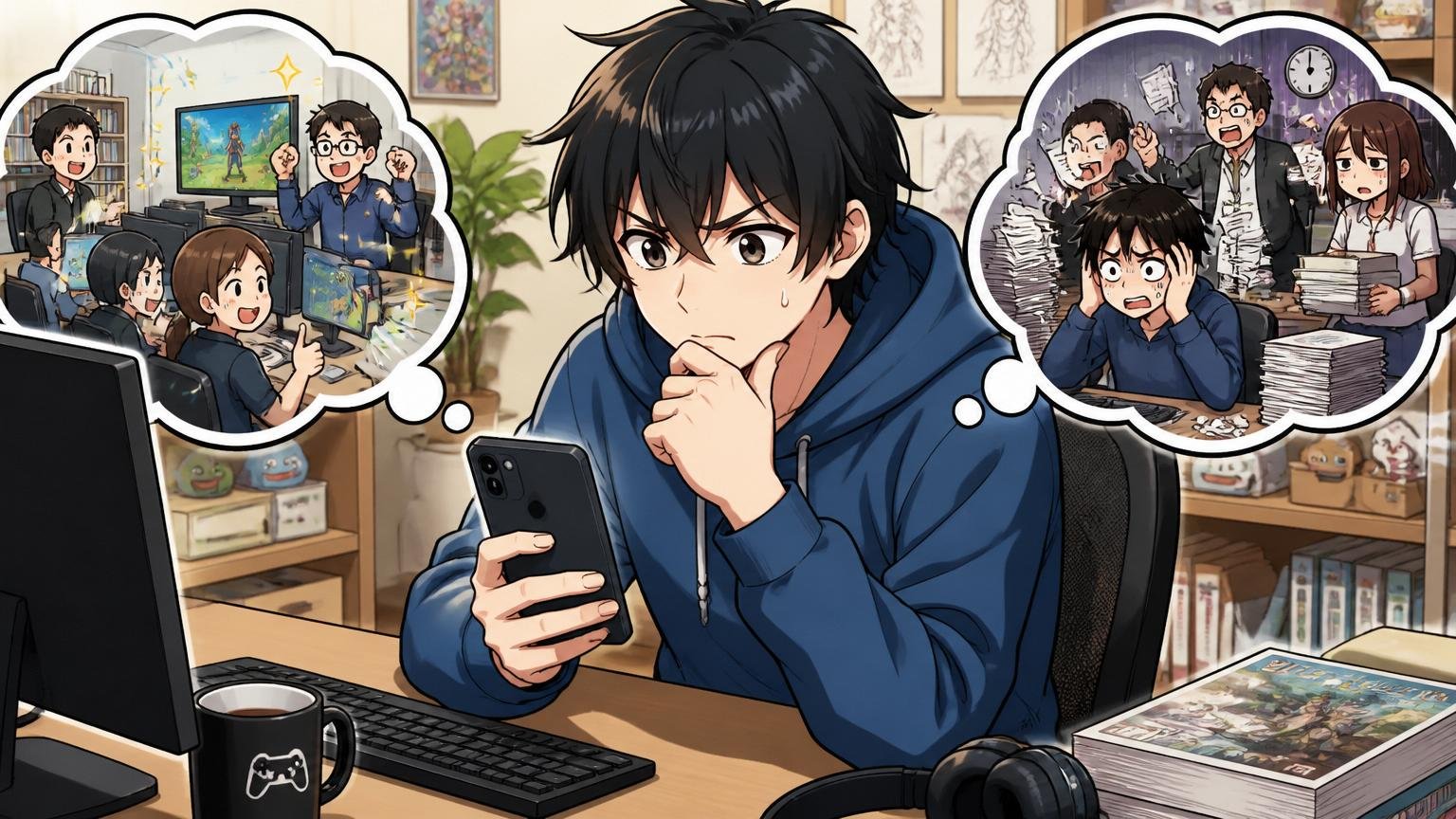 スマホで会社の口コミサイトを見比べながら考え込むゲーム業界の若手社員1人を自宅のデスクで