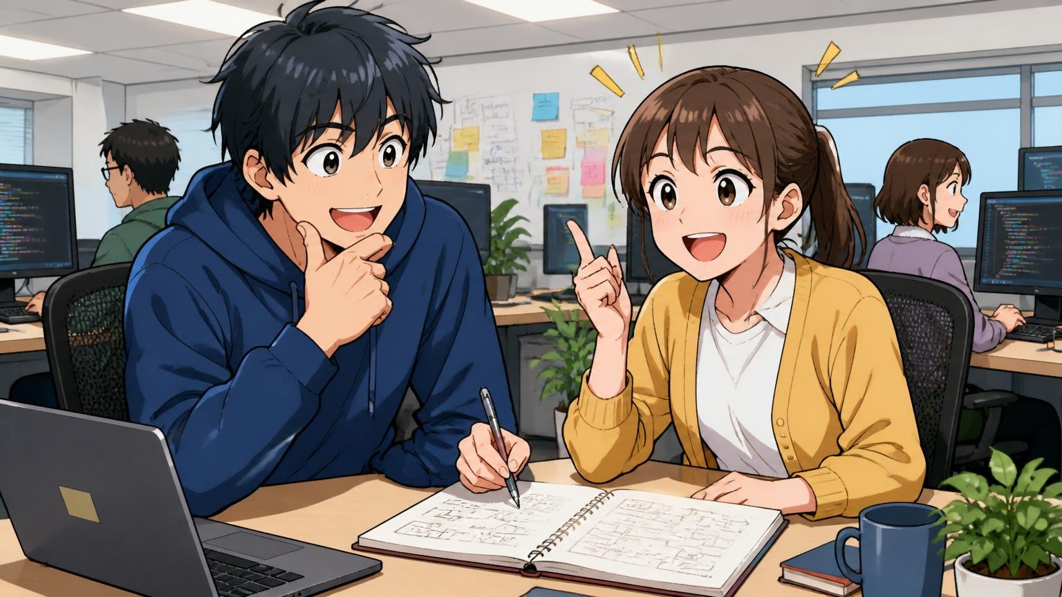 この記事で答え合わせできること Web系企業のオフィスでノートを広げ前向きな表情で考える男女エンジニア2人
