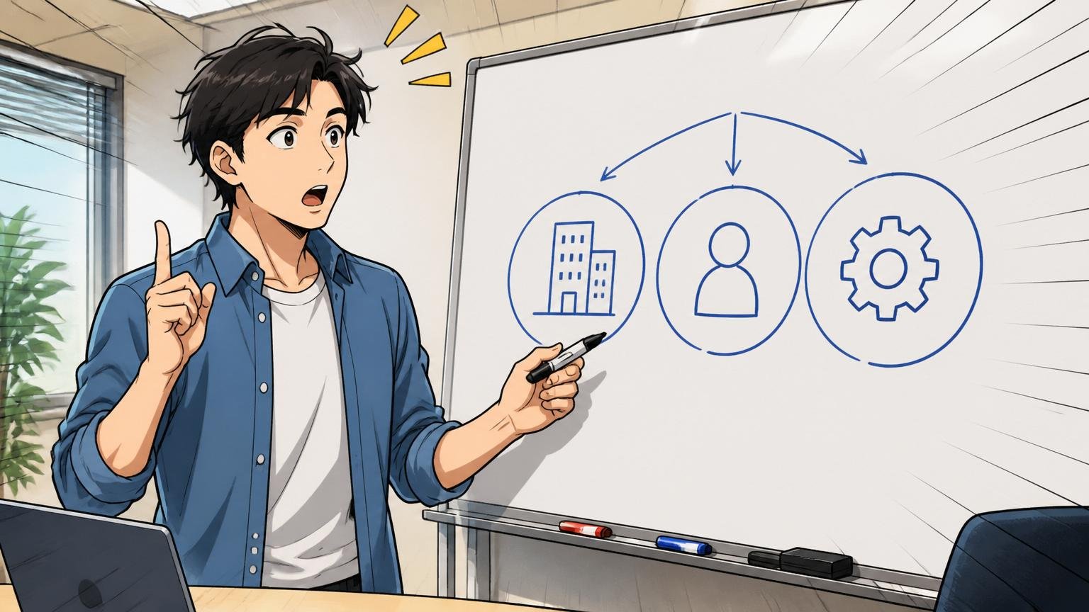 「低い」と感じる正体は3つに分解できる。企業の会議室でホワイトボードに3つの要因を書き出す中堅エンジニア1人、気づいた表情