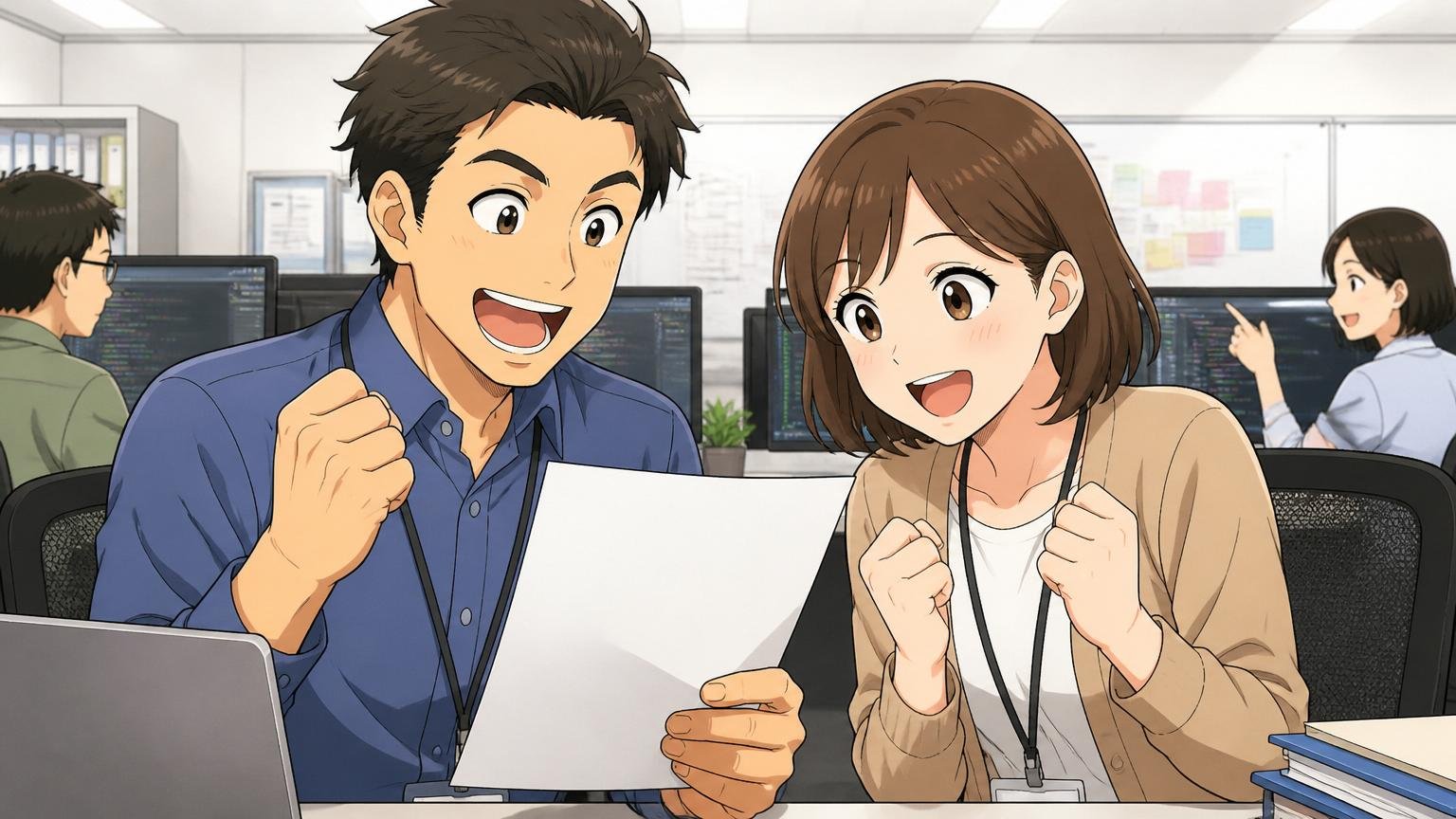 SCSKの賃上げニュースを知る。SIerの開発現場で男女2人の社員が給与改定の通知を見て前向きな表情