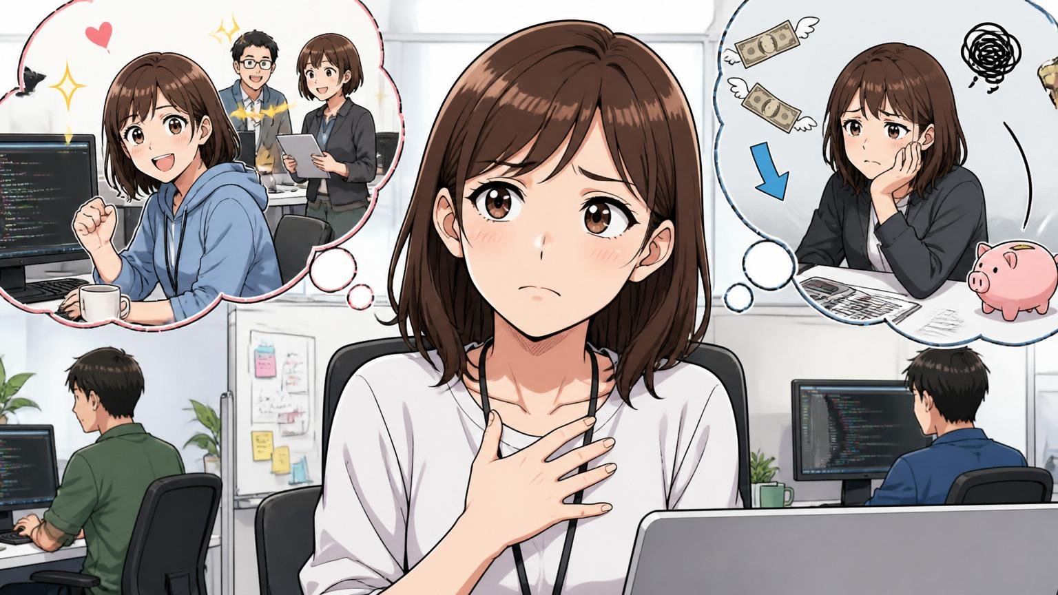 会社は好き、でも年収だけが引っかかる葛藤。Web系企業のオフィスで30代女性エンジニアが胸に手を当て複雑な表情