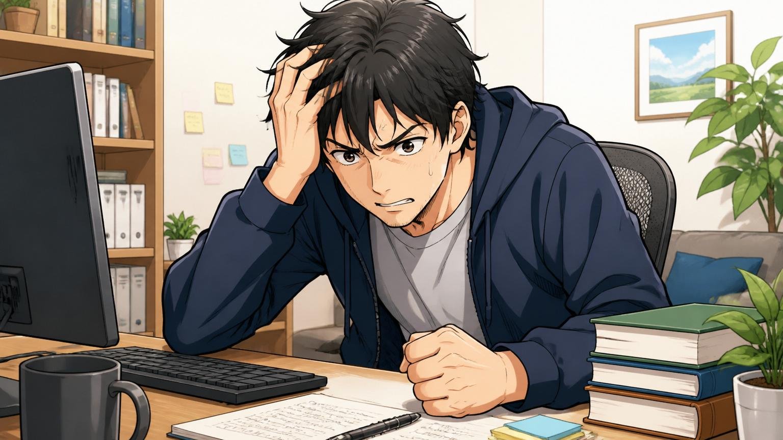 低いかもで止まっている自分を責めなくていい。自宅デスクで頭を抱えるが前を向こうとする30代エンジニア1人