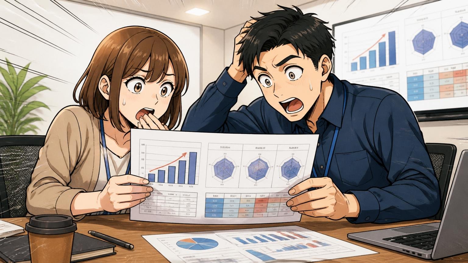 業界・親会社・大手SIerと比べるとどう見えるか｜会議室で他社比較の資料を見る20代女性と30代男性エンジニア2人、驚いた表情