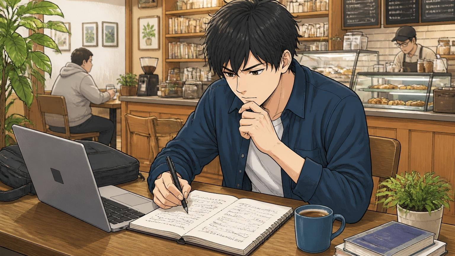 自分の能力のせいと責めなくていい｜カフェでノートに書き出し考え込む20代エンジニア1人