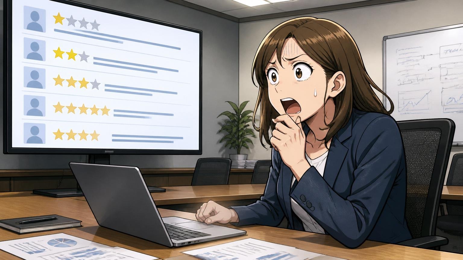 退職理由に給料が低いが並ぶ現実。SIerの会議室で口コミ画面を見て驚く30代女性エンジニア1人