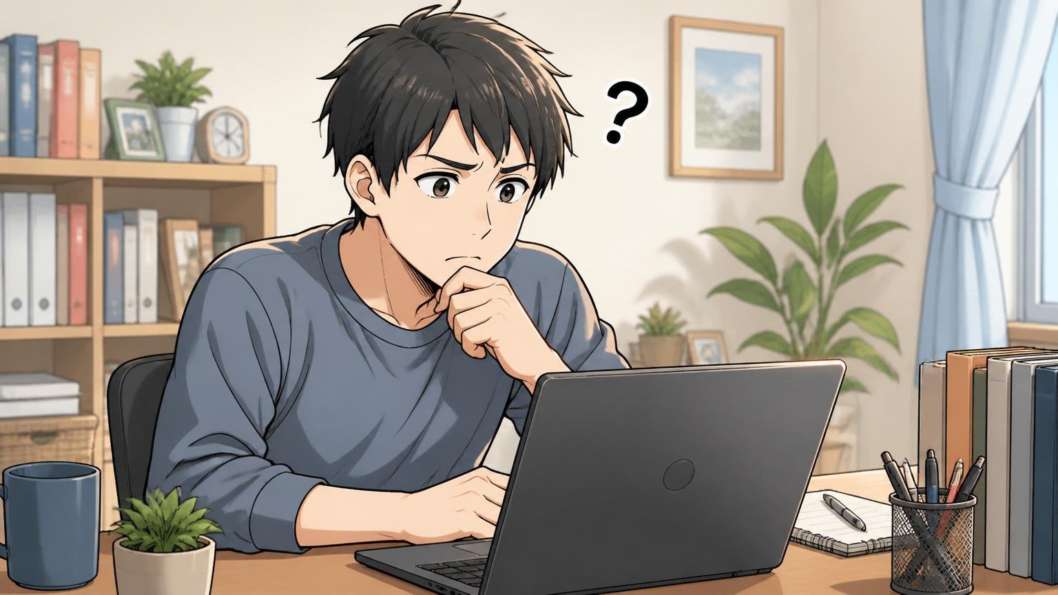 口コミサイトの平均年収は500万円前後。自宅のデスクで男性が転職口コミサイトを見て首をかしげる