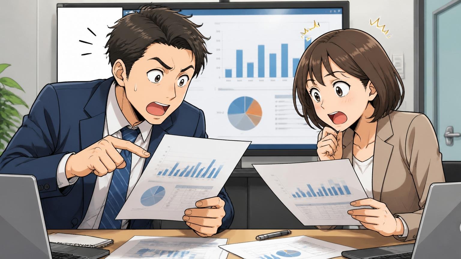 ワークスアプリケーションズの平均年収を事実確認。企業の会議室で30代男女が年収データの資料を見比べる