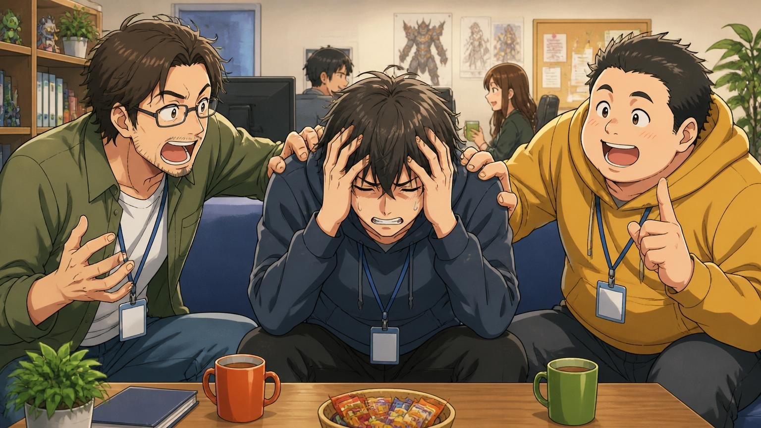 贅沢な悩みと自分を責めなくていい理由。ゲーム会社の休憩スペースで頭を抱える男性エンジニアと、励ます先輩2人