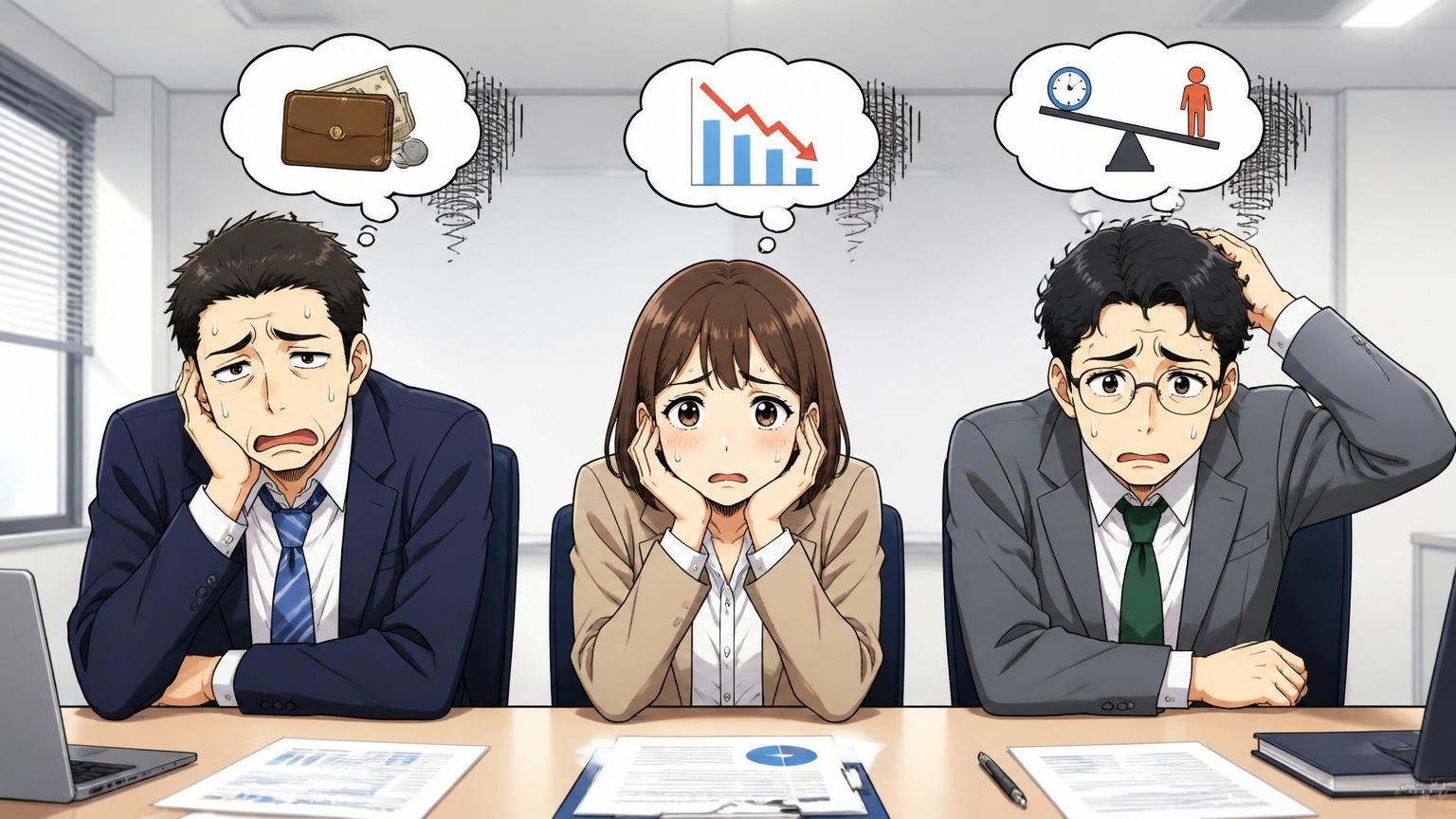 年収が低いと感じる人の3つの層。企業の会議室で3タイプの社員が並んで悩む男女3人