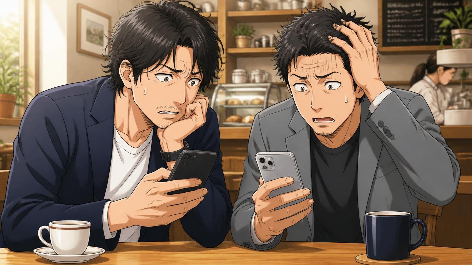 比べる相手が同業最上位だから低く感じる。カフェで他社の友人とスマホの年収情報を見比べて複雑な表情の30代男性2人