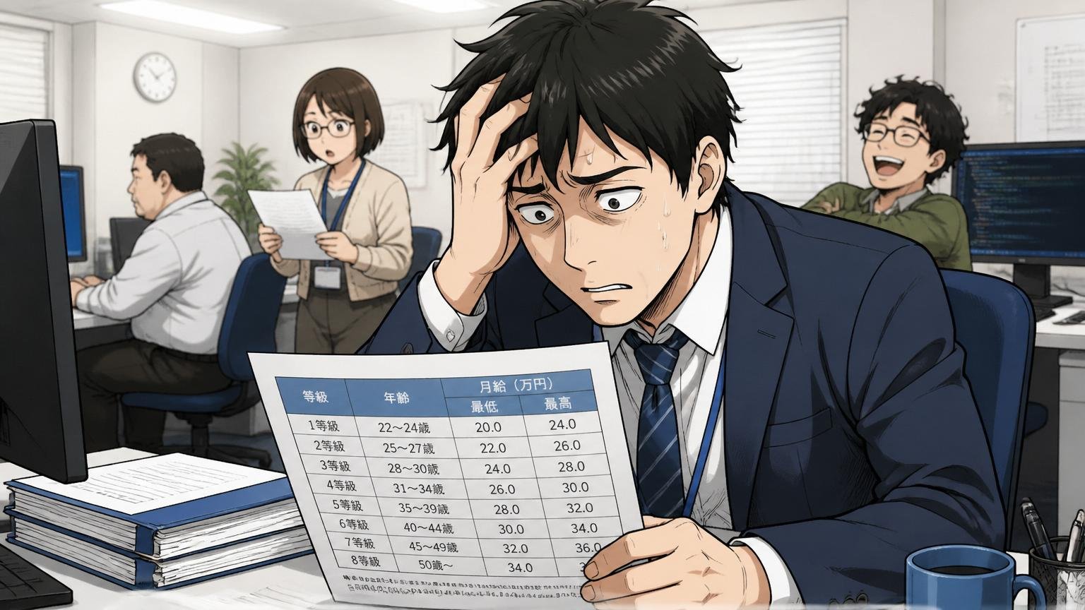 年を取っても給料が上がらない。SESオフィスで賃金表を前に途方に暮れる30代男性社員