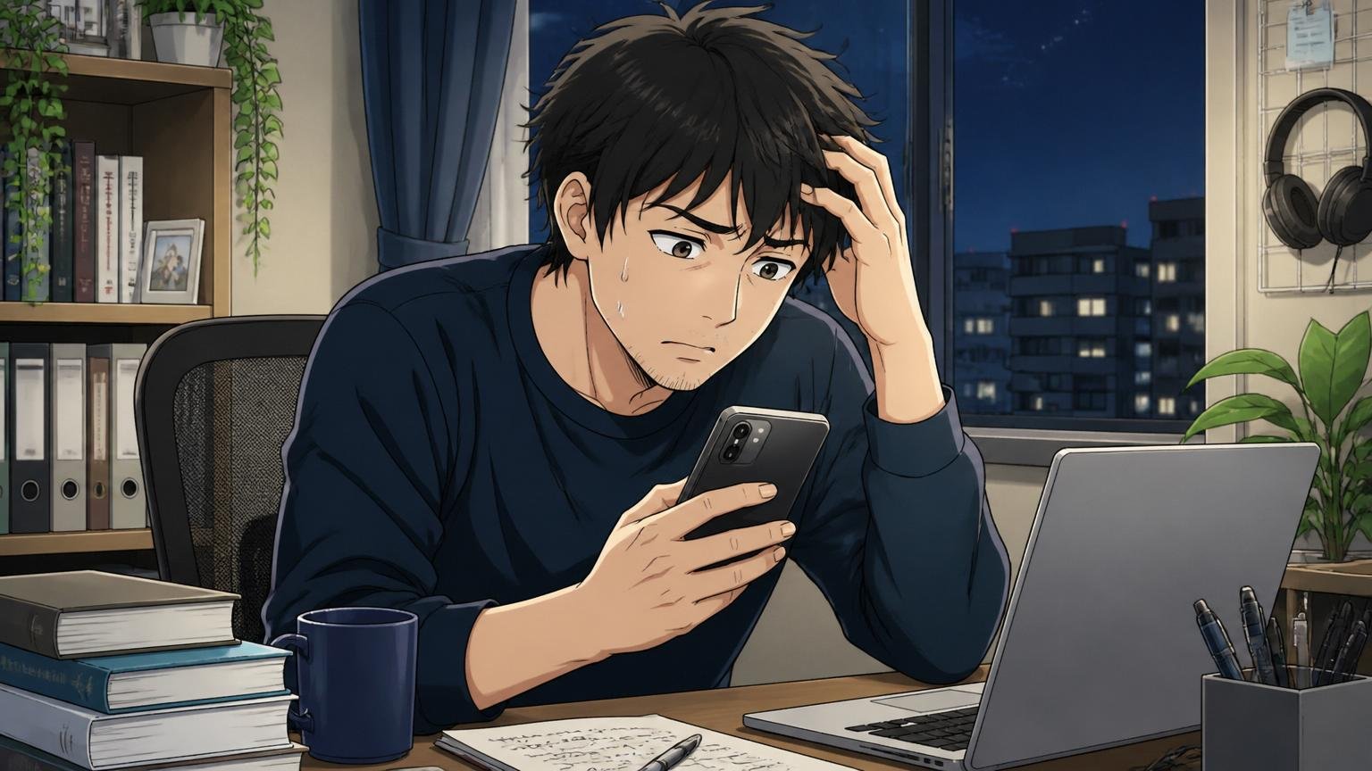 自宅のデスクで夜にスマホを片手に転職情報を調べ始める30代前半の男性エンジニア1人、不安げな表情
