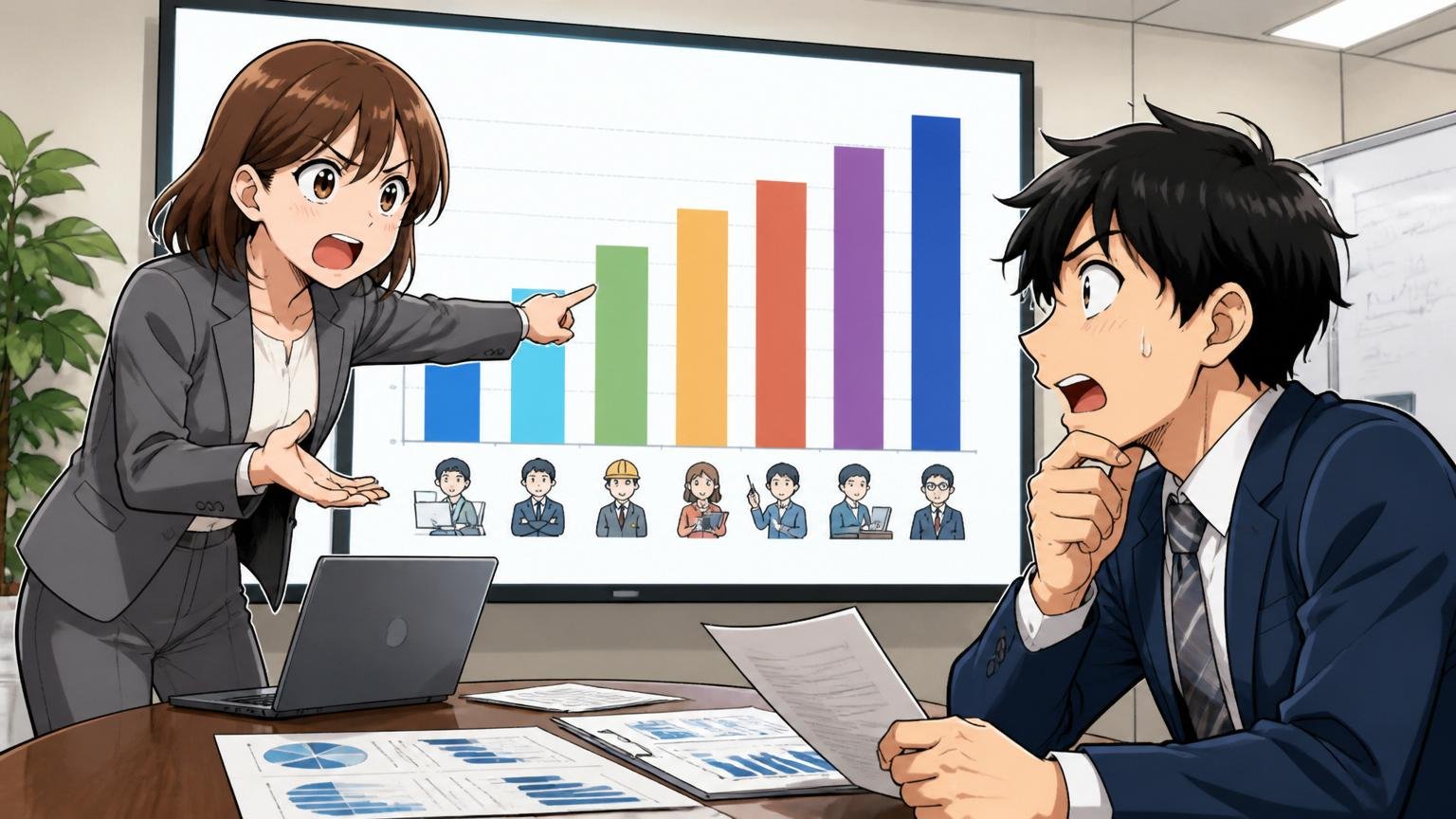 職種別で見る年収の実態。SIerの会議室で年収グラフを指さす30代女性社員と見比べる20代男性社員