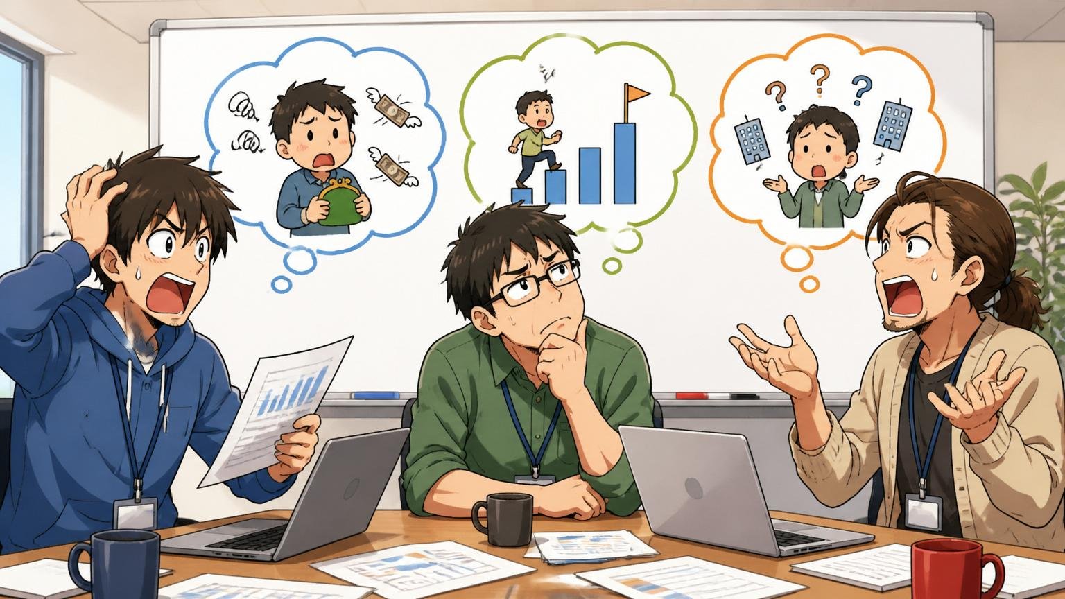 企業の会議室で年収の悩みを3タイプに分類して語り合うエンジニア3人