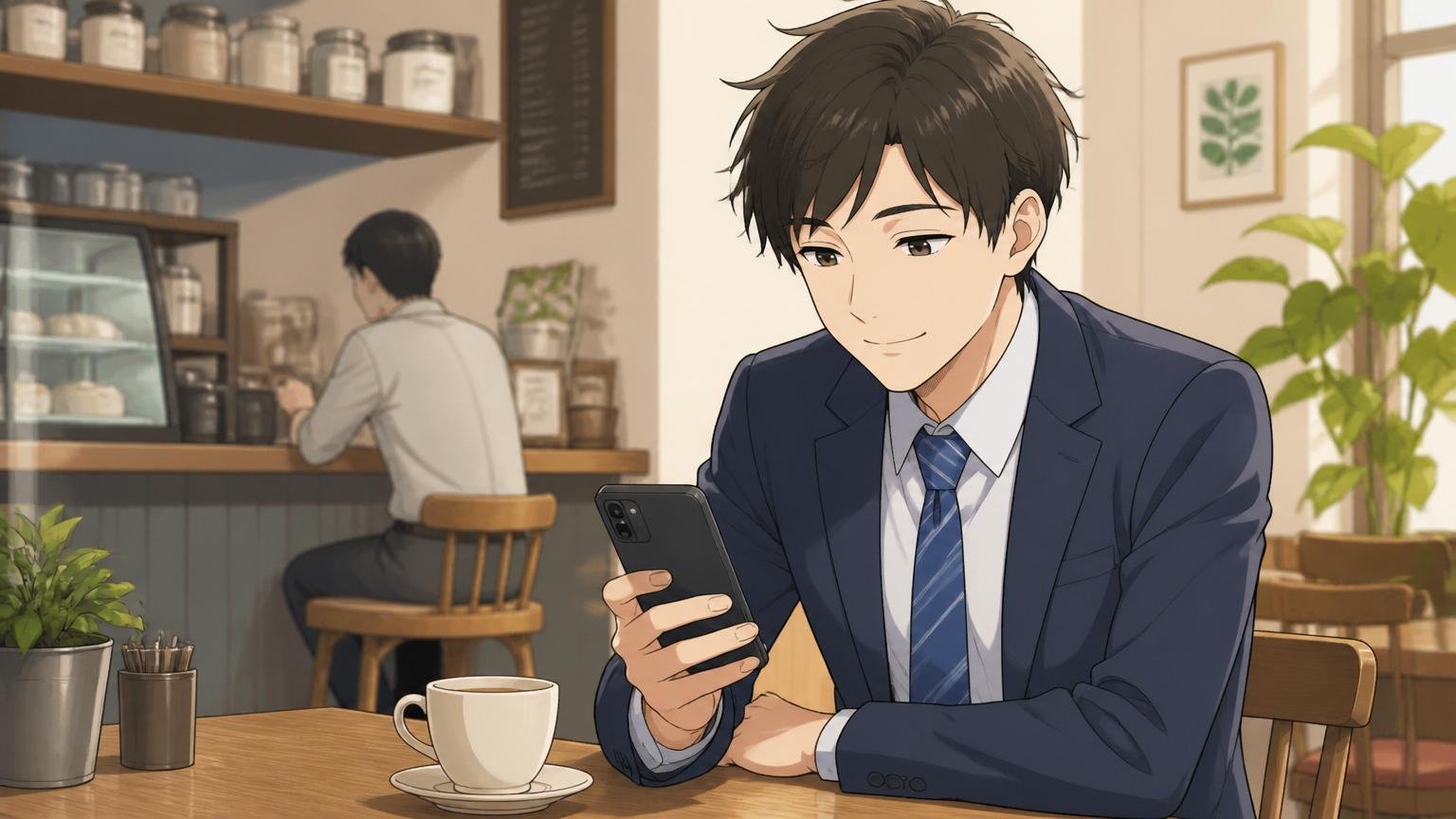 その不満は贅沢じゃない。カフェでスマホを見ながら少し安心した表情を浮かべる20代の男性会社員1人