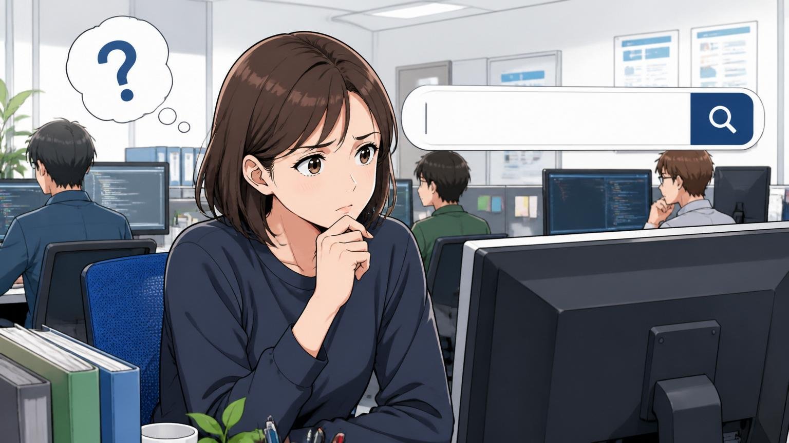なぜ「低い」と検索するのか 通信会社のオフィスの自席で 30代の女性エンジニアが1人 検索バーを見つめて考え込む表情