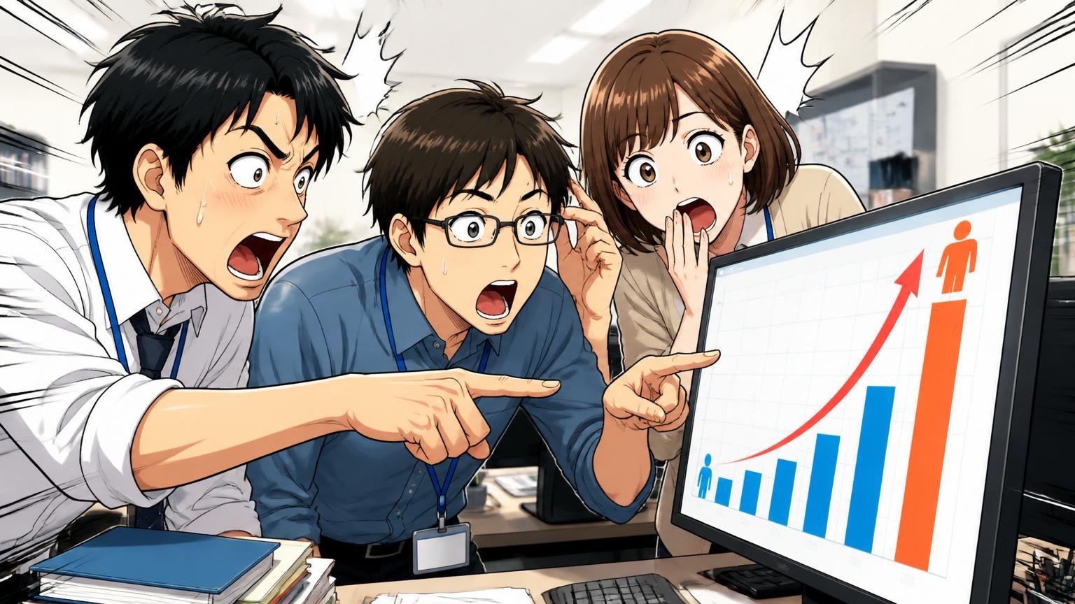 日本のITエンジニア平均と比べる。SIerの開発現場で3人のエンジニアが年収比較グラフを指さし驚く