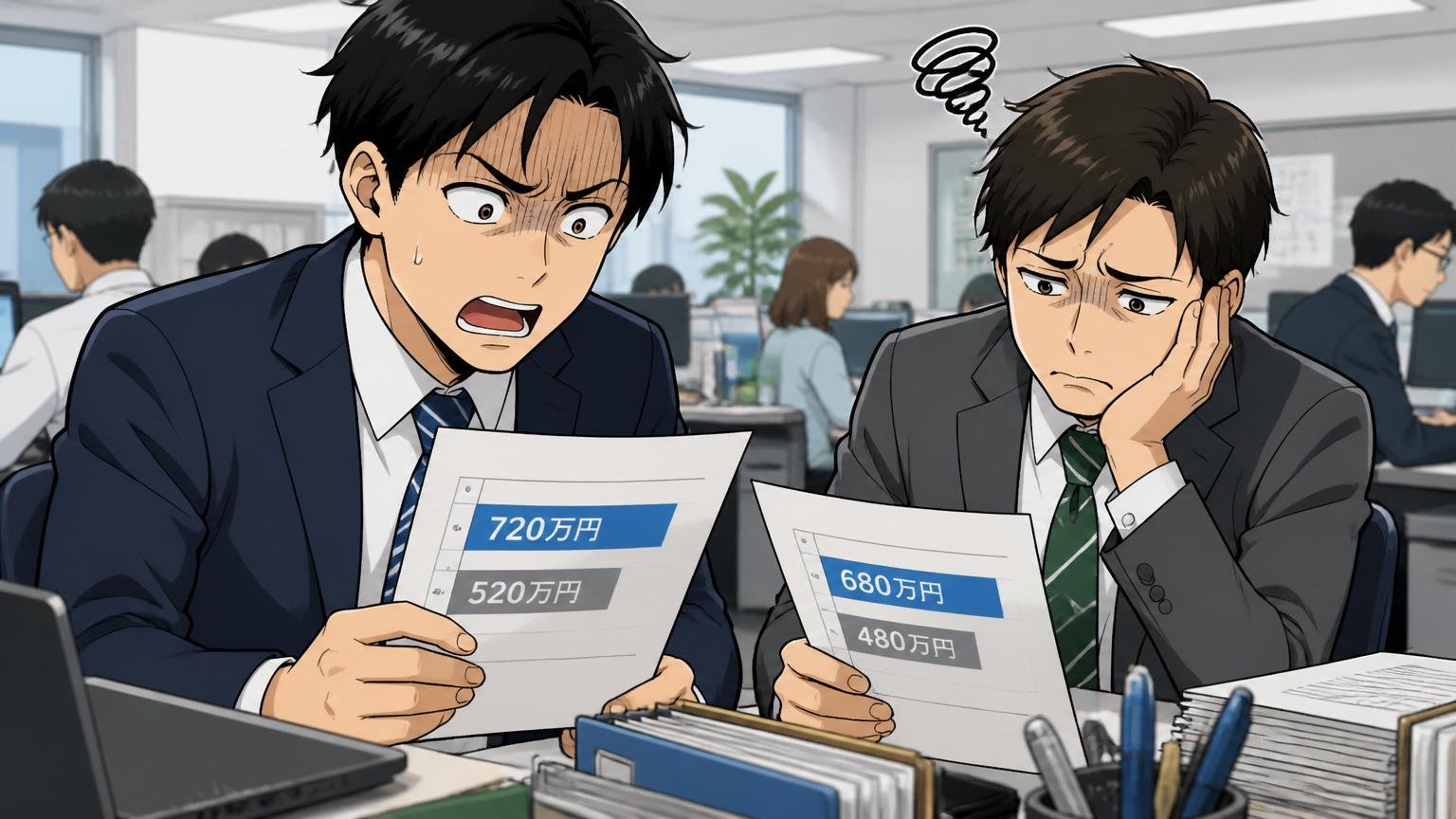 低いと感じるのは気のせいではない。通信会社のデスクで同期と年収を比べモヤモヤする男性社員2人