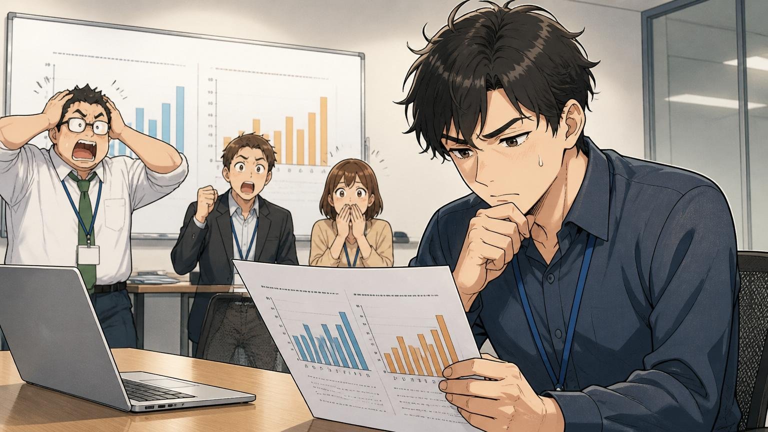 エンジニア職の業界平均年収と現職年収を比較する場面、企業の会議室、中堅エンジニア1人が資料に視線を落とす