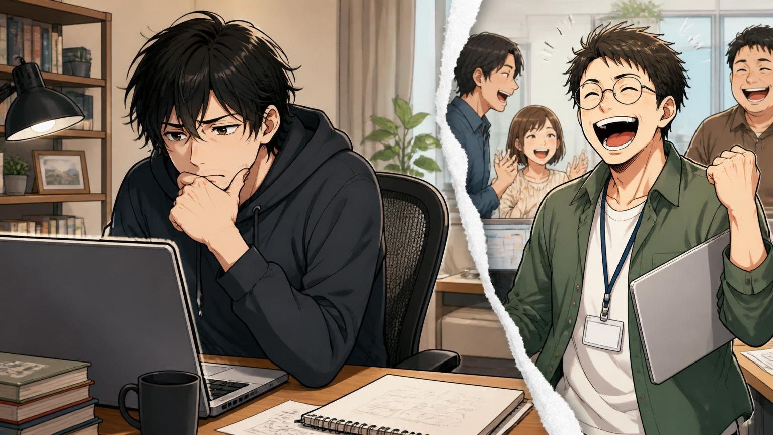 Cygames退職後の二つの感情:自宅のデスクで考え込む30代のエンジニア1人とその対比となる笑顔の同僚