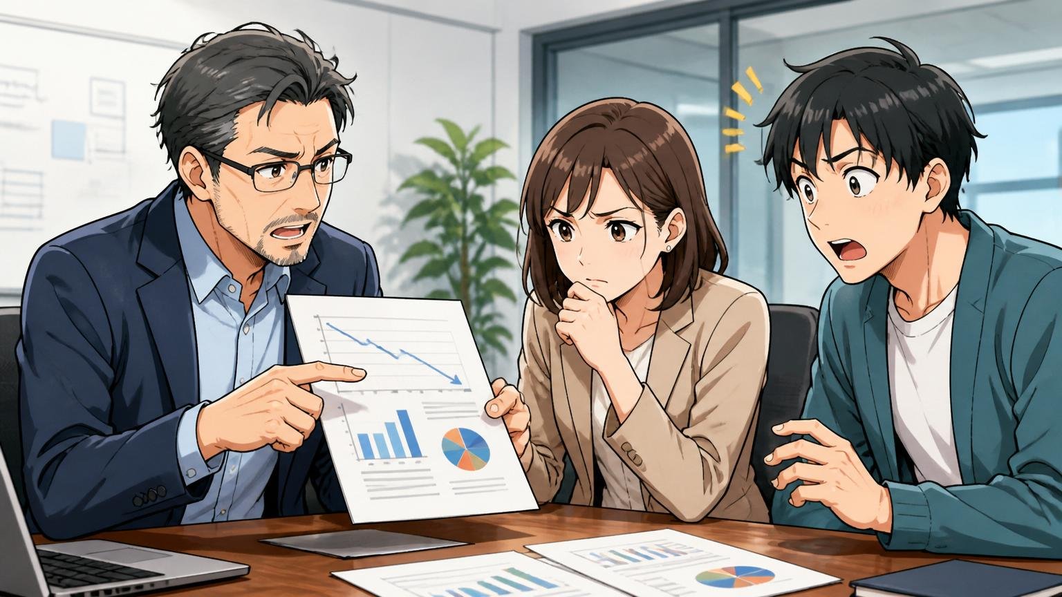 会議室で転職リスクを冷静に説明する場面。Web系SaaSのオフィスで40代男性メンターが手元の資料を見せ、30代女性が眉を寄せて考え込み、20代男性が驚いた表情。3人の対話シーン