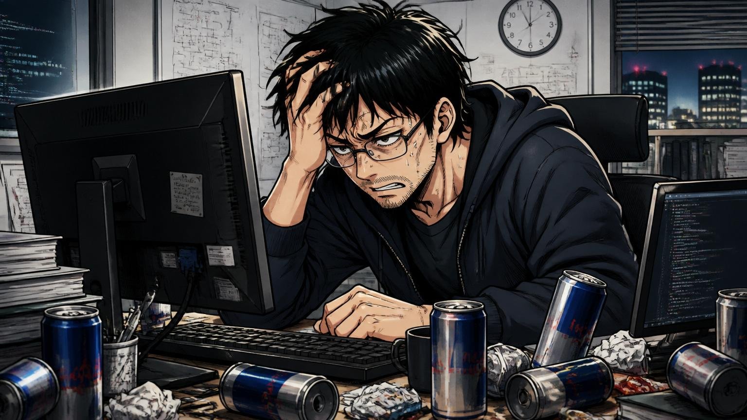 深夜のオフィスで疲弊しながらモニターに向かう30代エンジニアの姿、デスクに散らかるエナジードリンク