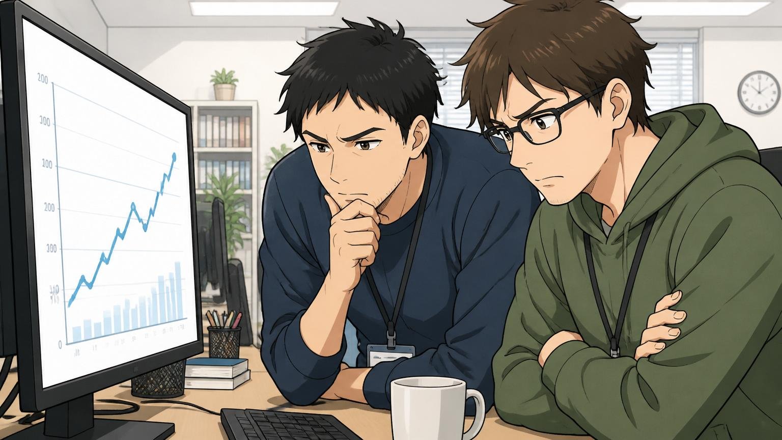企業のオフィスでPCの画面に表示された年収推移グラフを見ながら考え込む30代エンジニア2名
