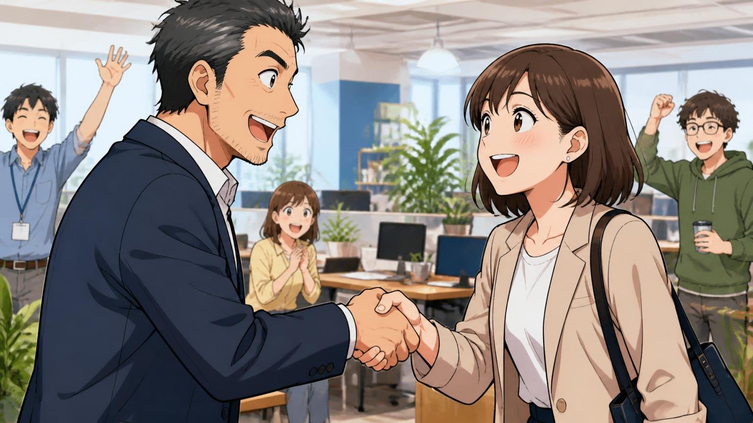 DeNAは辞める人を歓迎する文化がある稀有な会社。Web系メガベンチャーのオープンオフィスで40代男性メンターと20代後半女性社員が笑顔で握手しながら別れの挨拶をしている