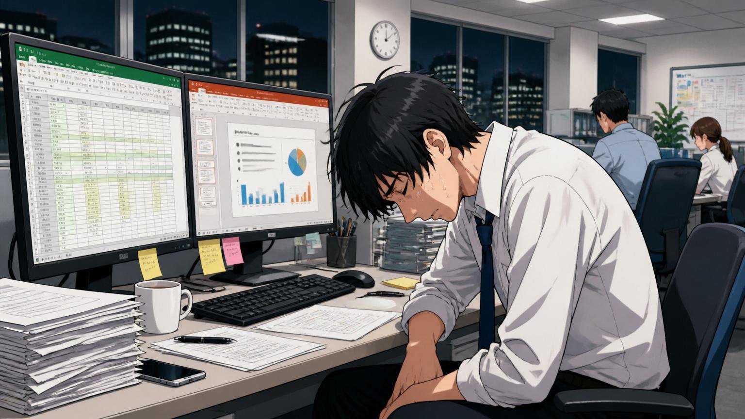 SIerの開発現場でExcelとパワポを並べたモニターに疲れた表情でうなだれるエンジニア1人、夜のオフィス