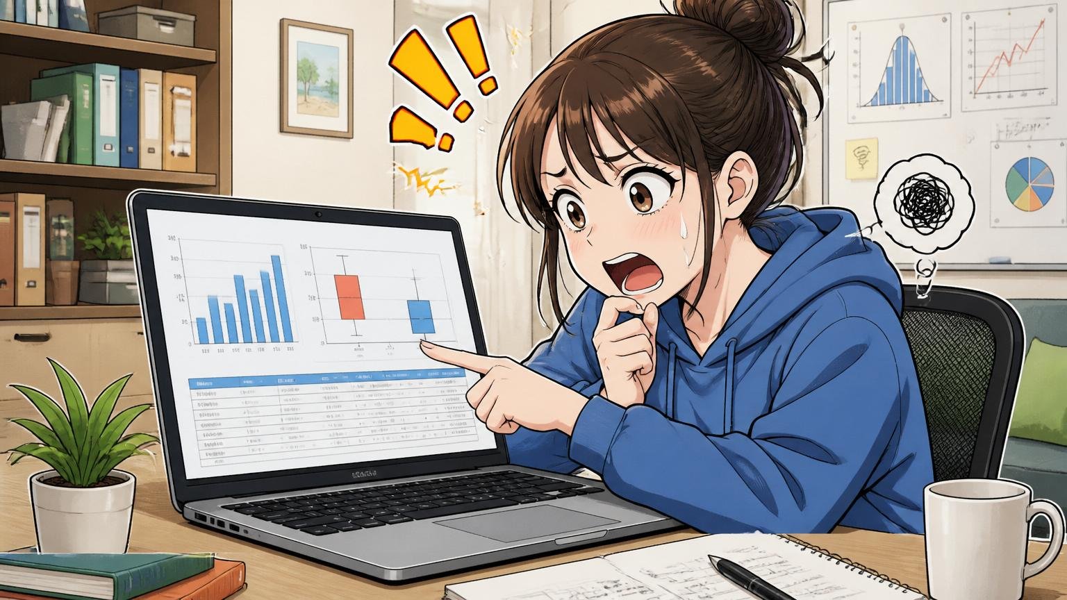 平均年収の見方を間違えると判断を誤る｜自宅のデスクでノートPCの給与データを見比べる30代女性エンジニア