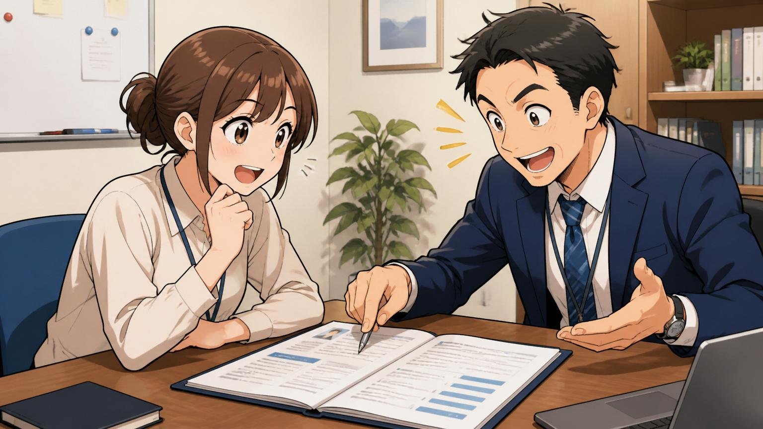 市場価値の棚卸しを促すSIerの面談ルームで30代女性SEとキャリアアドバイザーが職務経歴書を広げて話す
