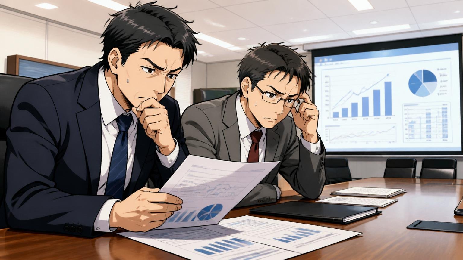 リコー本体の希望退職(セカンドキャリア支援制度)が示すもの。大手電機メーカー本社の会議室で40代社員2名が経営説明資料を真剣に見つめる